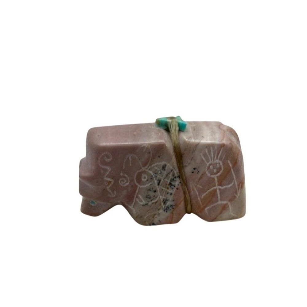 Zuni Handcrafted Pink Stone Bear Fetish Etchings Turquoise Eyes Offering Bundle